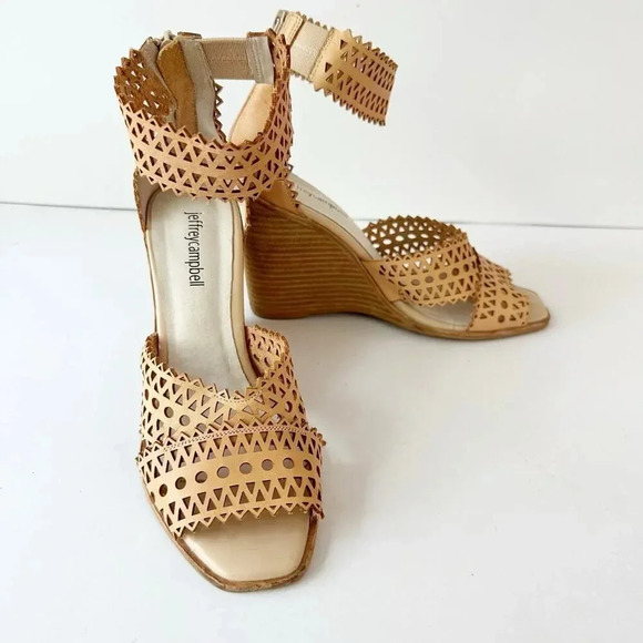 JEFFREY CAMPBELL Size 8‎ Square Toe Tan Cream Perforated Laser Cut Wedge Sandals - Picture 3 of 7